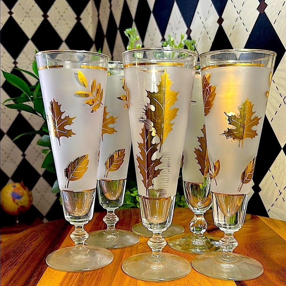 Vintage Libbey 22k Gold Maple Foliage Pilsner Glasses Set of 6| Mid Century Bar - Picture 14 of 17